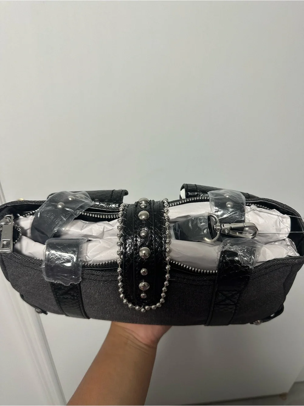 Black Canvas Shoulder Bag with Studded Buckle